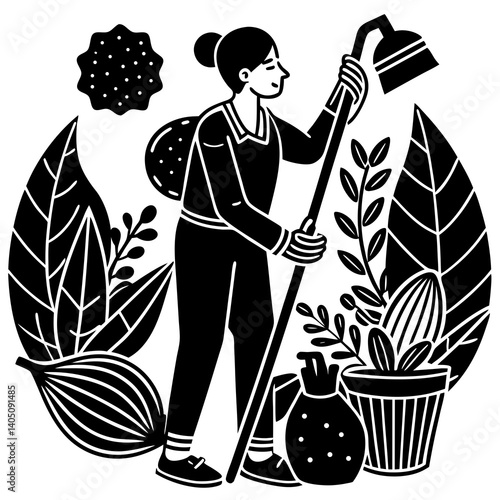 Woman Cleaning with Eco-Friendly Products Among Plants  