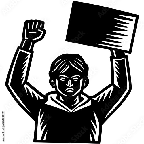 Person raising fist in protest holding a sign  