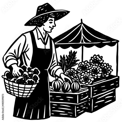 Farmer arranging fresh flowers and produce at market stall  