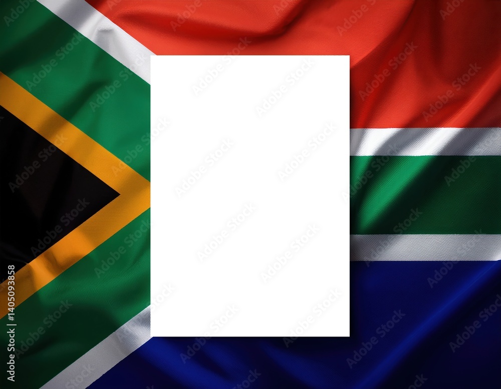 Fototapeta premium South african flag with blank white frame on colorful background