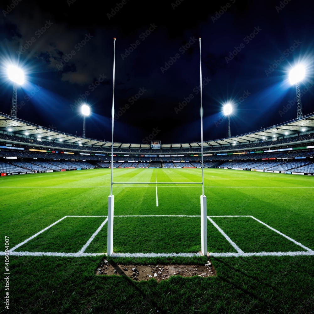 Fototapeta premium a rugby field with lights on at night