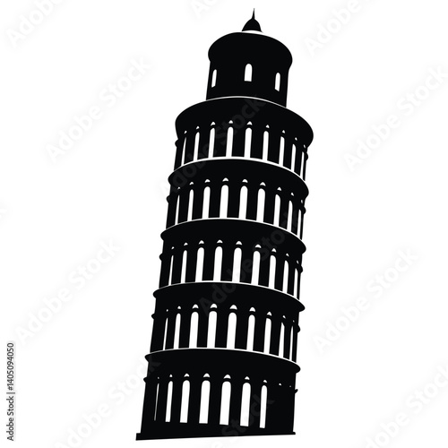 Leaning Tower of Pisa Silhouette: Black & White Vector Illustration of Famous Italian Landmark, Architecture, Travel Icon, Pisa, Italy