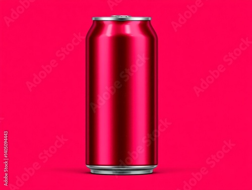 Glossy red soda can centered against vibrant pink background with minimal contrast visual design presenting modern fizzy beverage packaging product photography scene