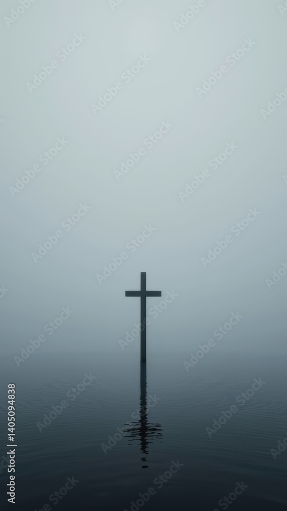 Naklejka premium A cross stands alone on a foggy lake, symbolizing faith.