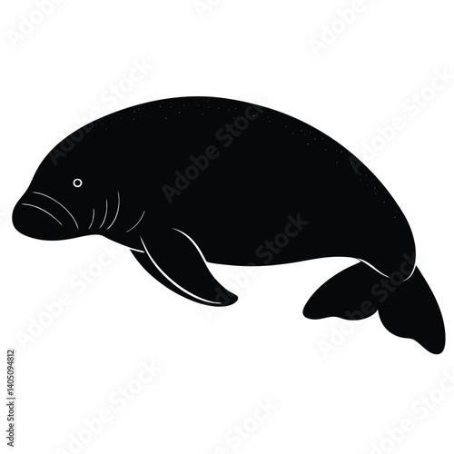 Black Silhouette of a Manatee: Aquatic Mammal Illustration, Marine Wildlife Art, Sea Cow Graphic, Vector Image