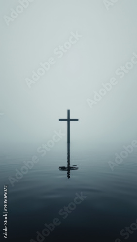 Christian cross on water surface.