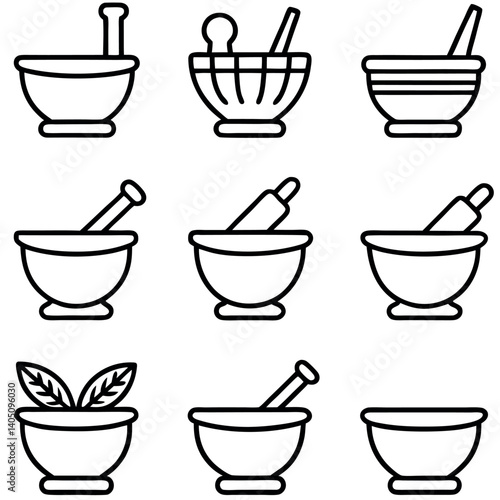 Set of Outline Illustrations of Traditional Apothecary Tools