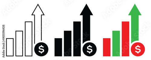 Set of Dollar rate increase vector icon set. Rise cost vector illustration. 