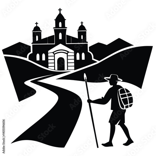 Pilgrim Walking to Church Vector Illustration: Camino de Santiago, Pilgrimage, Religious Journey, Backpack, Staff, Black and White Graphic