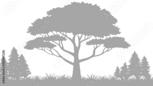 Silhouettes d'arbres gris en PNG transparent : grand arbre feuillu central et conifères, paysage naturel pour design et superposition