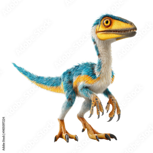 Cute colorful feathered dinosaur on white background. Concept of paleontology, prehistoric animals, and wildlife.