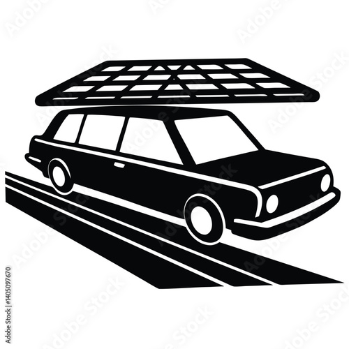 Black and White Carport Graphic: Station Wagon Vehicle Illustration, Simple Design, Automotive Icon, Transportation Clipart, Parking Shelter