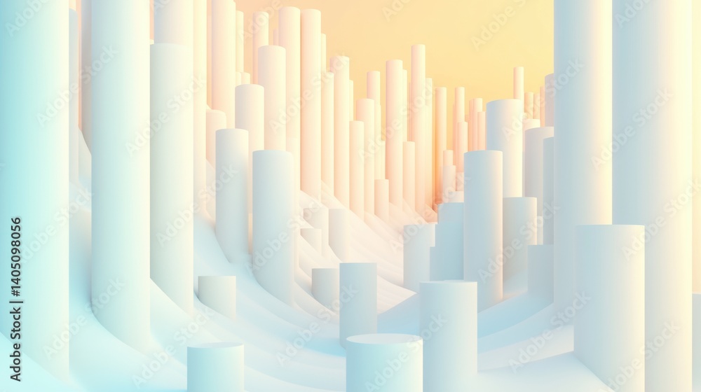 Fototapeta premium A 3D rendering of a cityscape with tall, cylindrical buildings in shades of white and pale yellow.