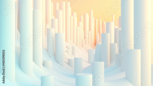 A 3D rendering of a cityscape with tall, cylindrical buildings in shades of white and pale yellow.