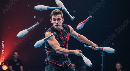 Juggler performing at a vibrant stage with dynamic lighting and audience