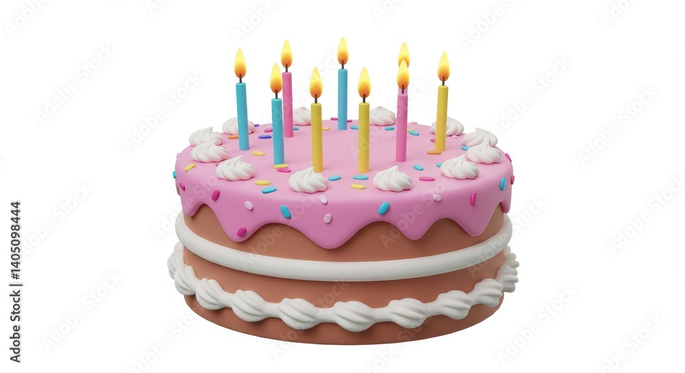Celebration Cake with Candles and Pink Frosting on White Celebration Cake with Candles and Pink Frosting on White