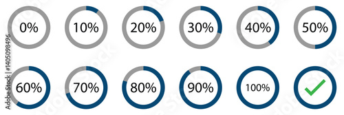 Circle loading or circle progress collection. Set of circle percentage diagrams for infographics 0,10, 20, 30, 40, 50, 60, 70, 80, 90, 100 percent in black and of Vector.