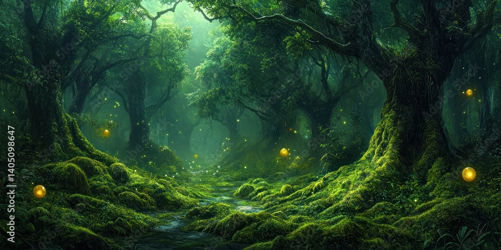 Fototapeta premium Enchanted Forest Path: A Mysterious Journey Through Mossy Green Woodlands