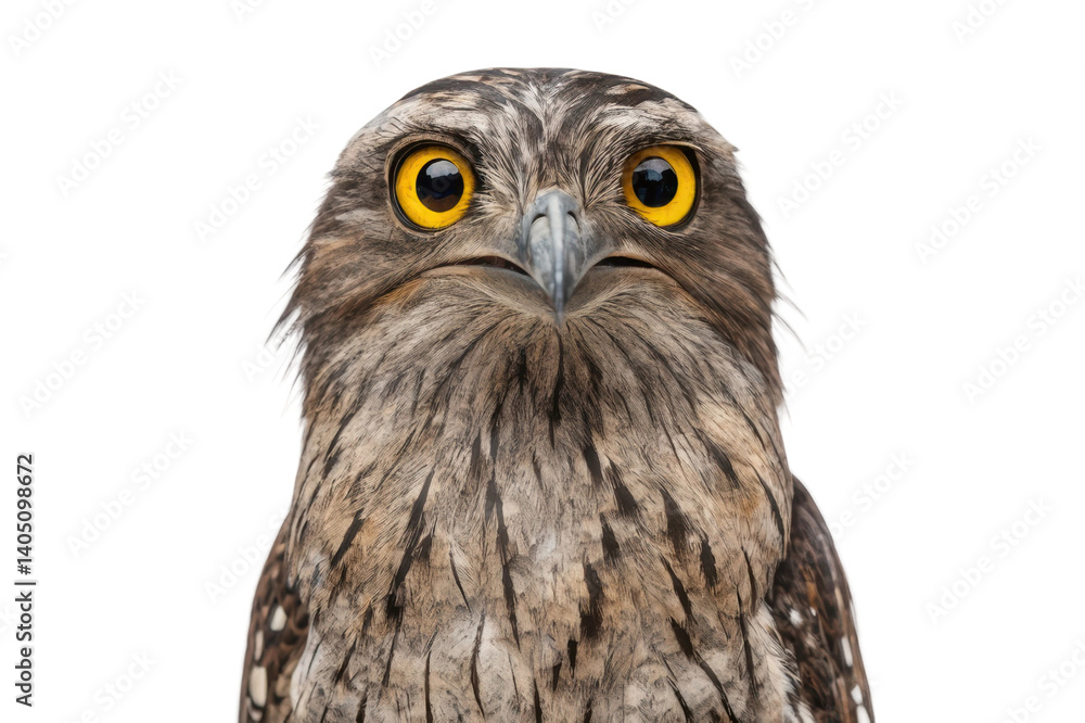 Fototapeta premium Majestic owl with striking yellow eyes perched in natural habitat, showcasing its unique features and beauty