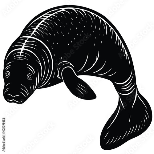 Black and White Manatee Illustration: Detailed Vector Graphic of a Sea Cow, Aquatic Mammal Art, Wildlife Drawing, Marine Life Image