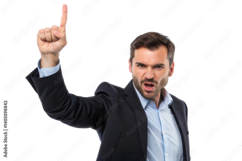 Expressing anger and frustration in a business setting while pointing a raised finger for emphasis and attention Expressing anger and frustration in a business setting while pointing a raised finger for emphasis and attention
