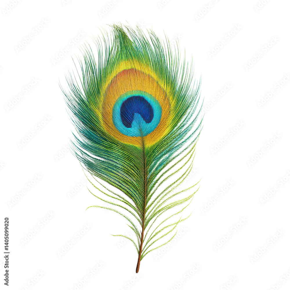 Obraz premium A vibrant peacock feather with iridescent colors. Symbol of beauty, pride, and royalty.