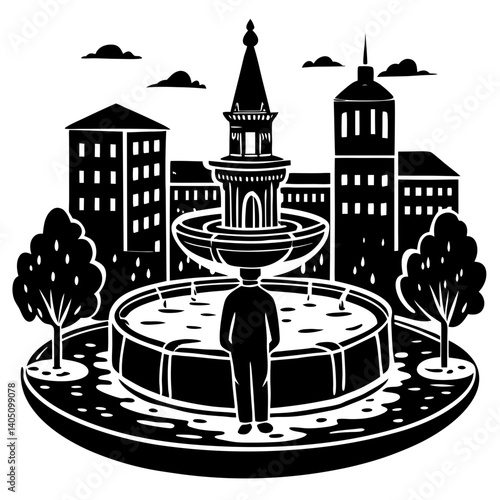 Person admiring fountain in cityscape surroundings  