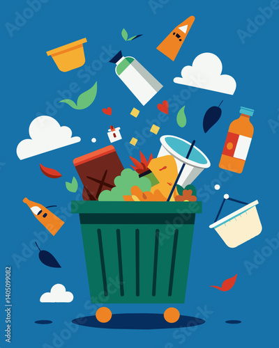 A stream of discarded unneeded goods being tossed into a large dumpster reflecting the overproduction crisis.. Vector illustration