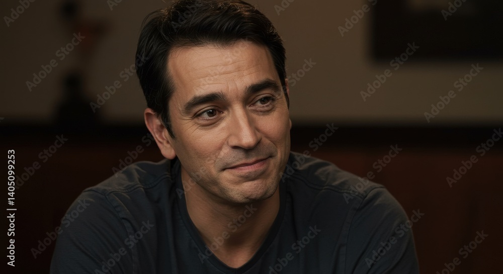 Close-up of a man smiling warmly during an intimate conversation at home Close-up of a man smiling warmly during an intimate conversation at home