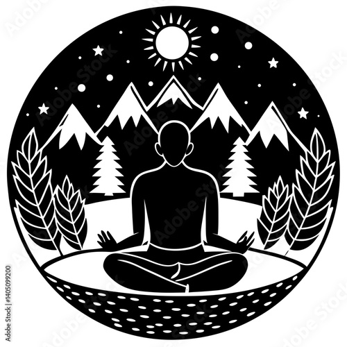 Meditating figure in a serene landscape under the sun  