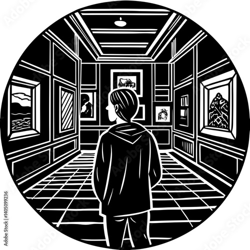 Person admiring art in a gallery with framed paintings  