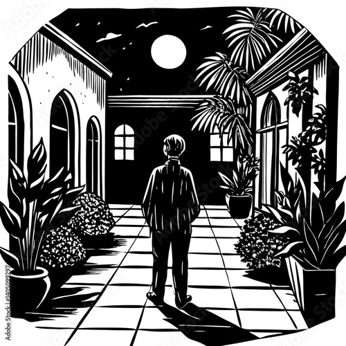 Man gazing at the moon in a serene courtyard at night  