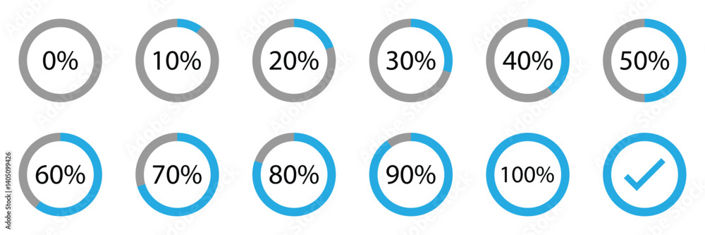 Circle loading or circle progress collection. Set of circle percentage diagrams for infographics 0,10, 20, 30, 40, 50, 60, 70, 80, 90, 100 percent in black and of Vector. Circle loading or circle progress collection. Set of circle percentage diagrams for infographics 0,10, 20, 30, 40, 50, 60, 70, 80, 90, 100 percent in black and of Vector.