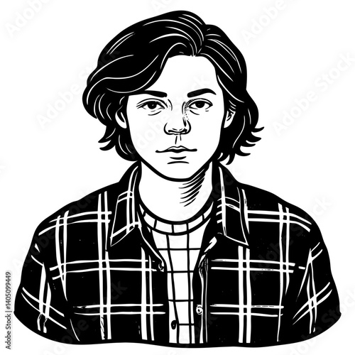 Young man wearing a flannel shirt looking serious  