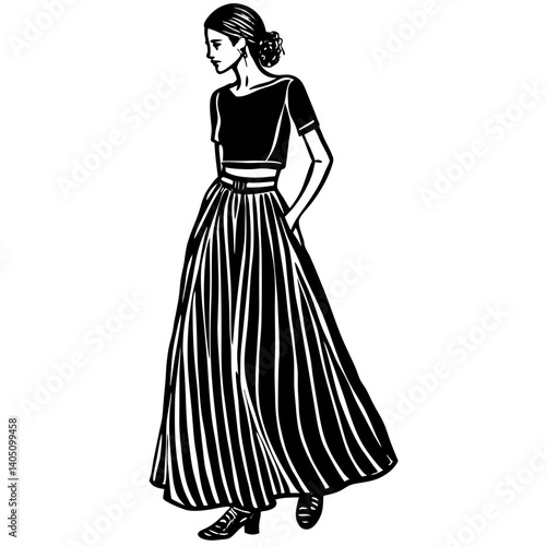 Woman in a Maxi Skirt Walking Stylishly on a White Background  