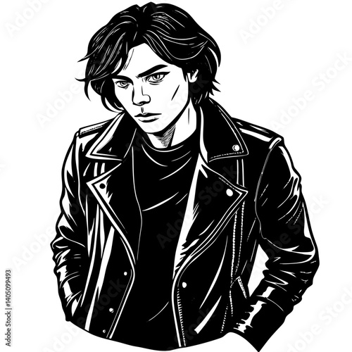 Young man in leather jacket posing confidently in a monochrome style  