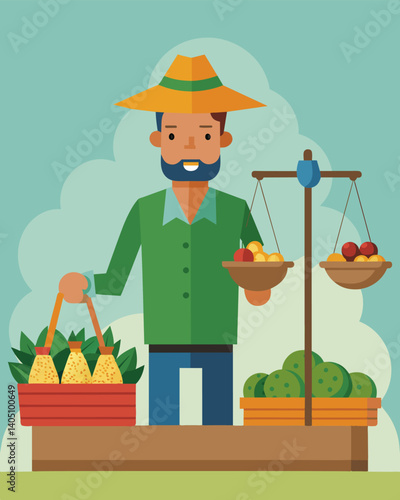 A street vendor selling produce for exorbitant amounts due to the weakened currency.. Vector illustration