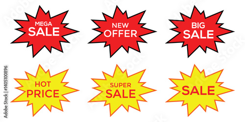 Starburst sale price stickers and labels, star and rosette, sunburst, callout and splash, stamp and tag badges. Isolated vector circle and oval red stickers of vector illustration.