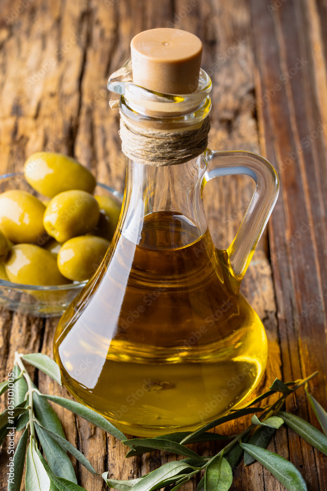 Organic olive oil in a jug on wooden background