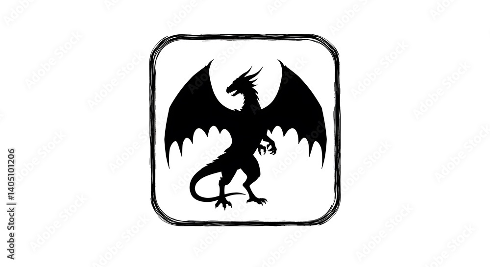Fototapeta premium Dragon Silhouette Icon With Brush Stroke Border