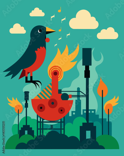 The sound of birds singing has been rep by the constant hum of factories and machinery drowning out the natural world.. Vector illustration