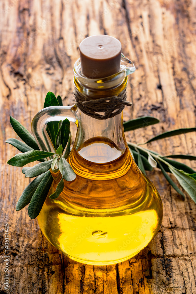 Organic olive oil in a jug on wooden background