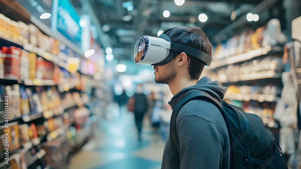 Immersive VR Experience: A man explores a virtual reality world using a VR headset, navigating a bustling environment and experiencing the future of technology. Immersive VR Experience: A man explores a virtual reality world using a VR headset, navigating a bustling environment and experiencing the future of technology.