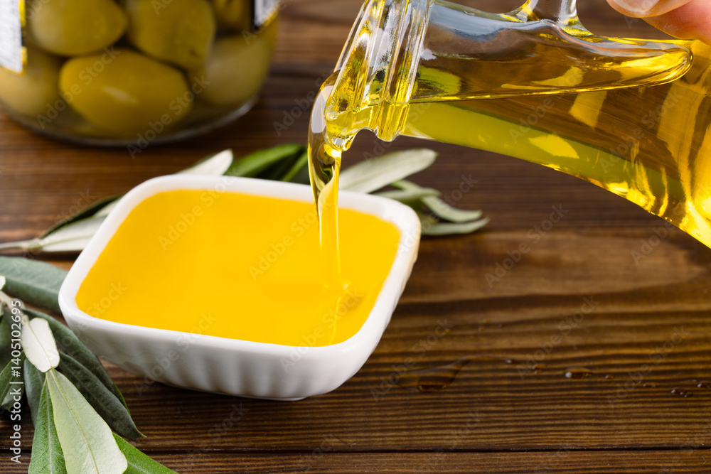Organic olive oil pouring from carafe into glass bowl