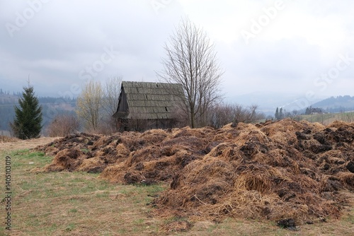 Obraz na płótnie Misty scenery of rural landscape with old wooden cottage and stack of dry grass, around Gliczarow Gorny, Podhale, Poland w salonie