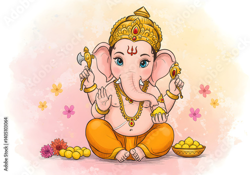 Ganesha illustration peaceful childlike cartoon art