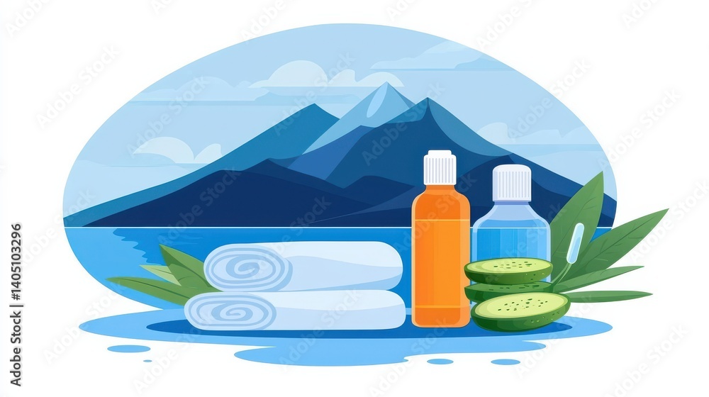 Naklejka premium Relaxing home spa day with cucumber and towels serene nature background illustrated lifestyle peaceful environment