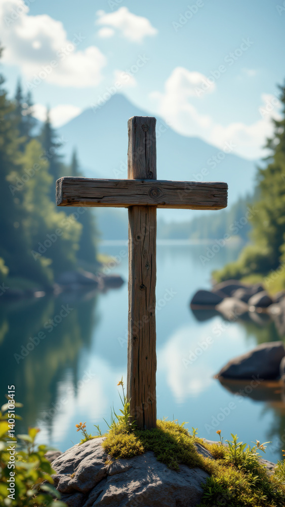 A weathered wooden cross standing on a rocky shore near a calm lake with mountainous surroundings. A weathered wooden cross standing on a rocky shore near a calm lake with mountainous surroundings.