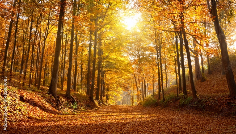 Obraz premium Golden Autumn season in forest vibrant leaves on trees sunny weather and nobody real fall nature landscape