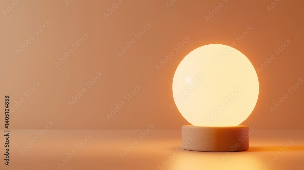 A warm, inviting lamp with a glowing orb sits on a wooden base. A warm, inviting lamp with a glowing orb sits on a wooden base.